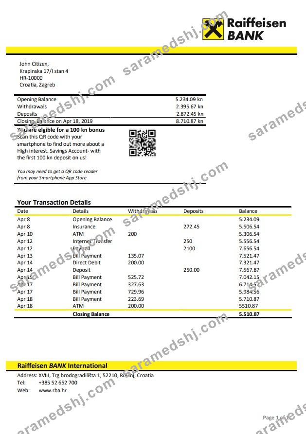 Croatia Raiffeisen Bank statement